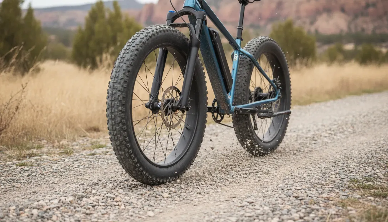 Wide fat tire e-bike wheels and front suspension on a gravel path