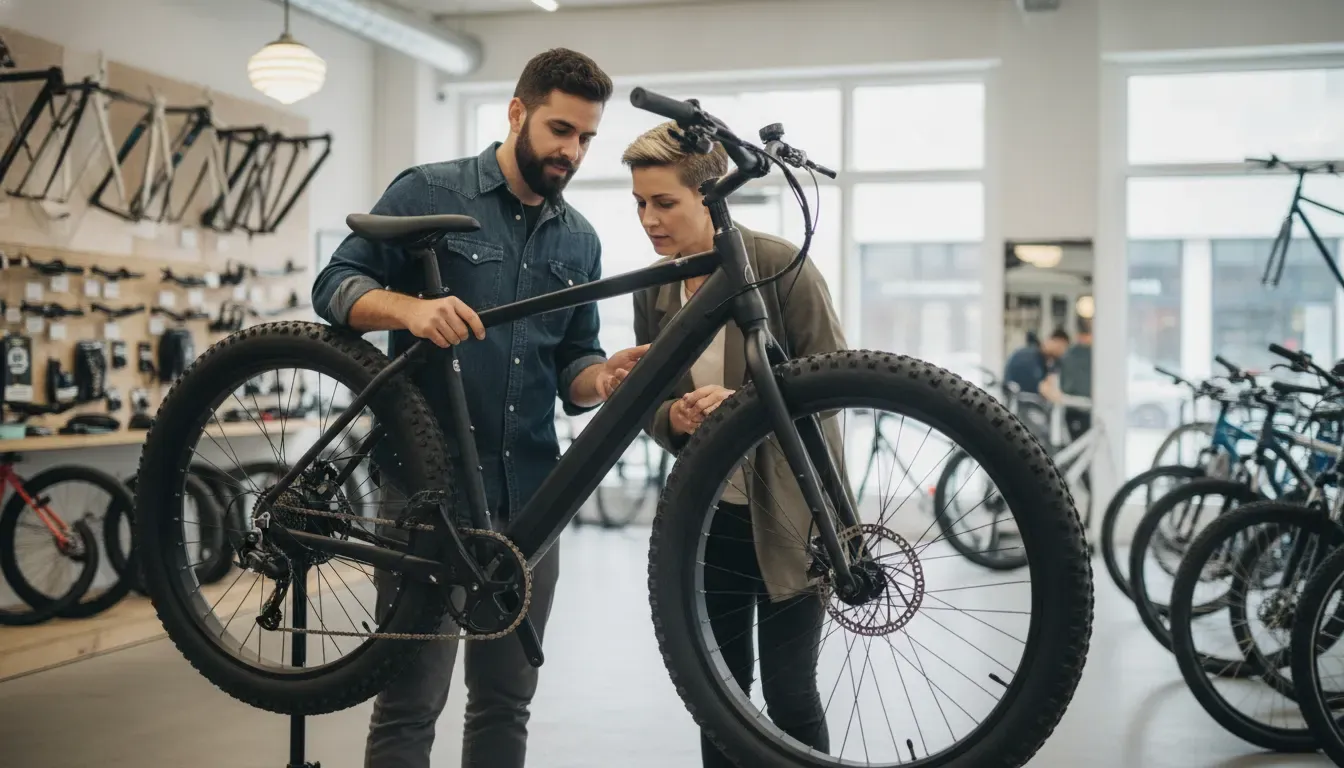 Customer comparing a fat tire electric bike with a mobility specialist in a showroom