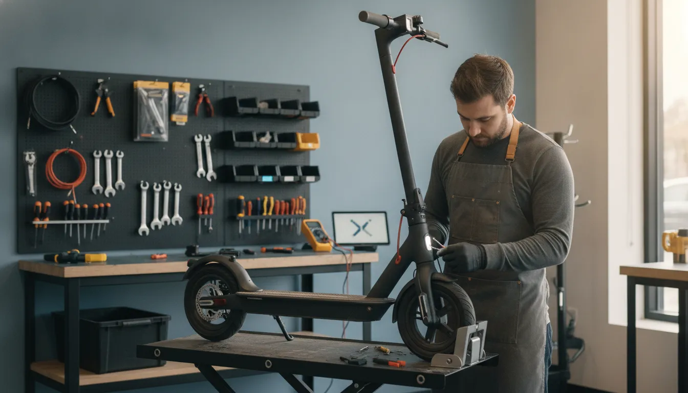 Electric scooter technician inspecting a Segway-style scooter in a Bend service workshop