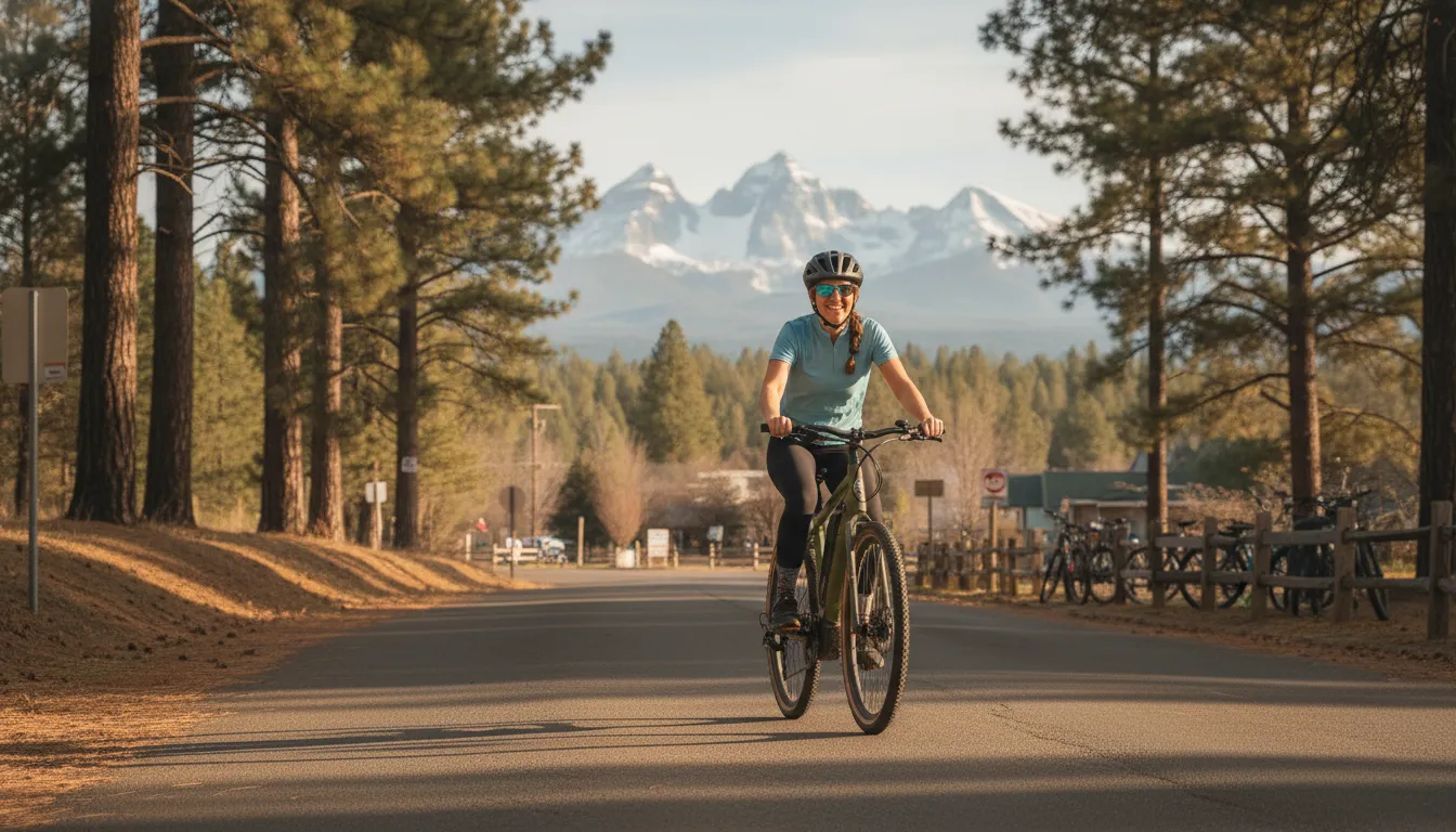 A rider testing a torque-sensing e-bike on a Bend, Oregon street with the Cascade Mountains in the background