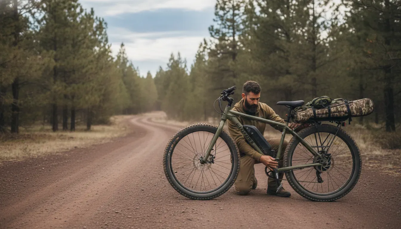 Rider checking an electric off-road bike for hunting tires and cargo at a Central Oregon trailhead