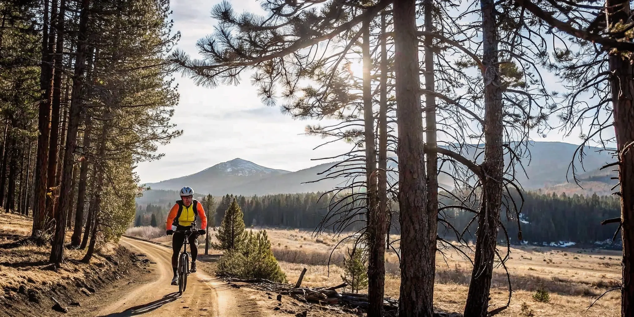 E-bike rider in helmet on a Central Oregon forest trail practicing safe riding