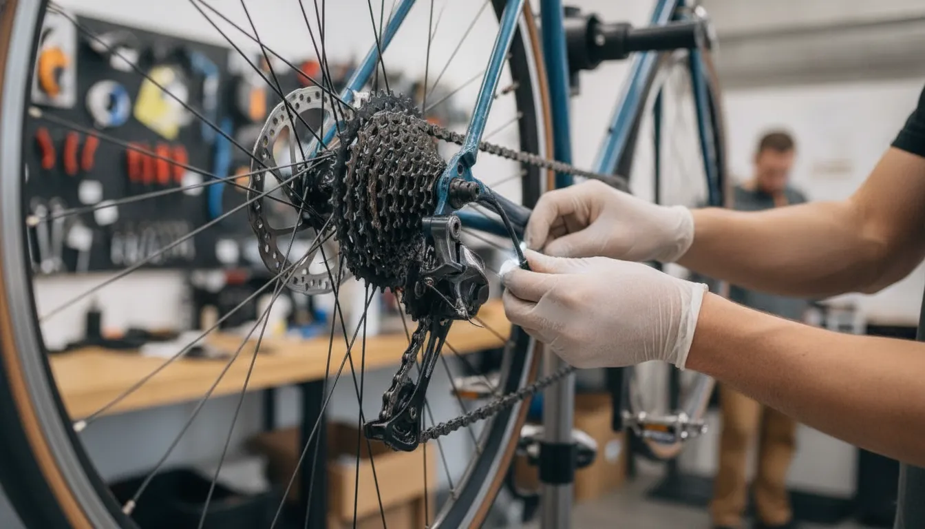 Technician checking an electric bike drivetrain during tune-up service