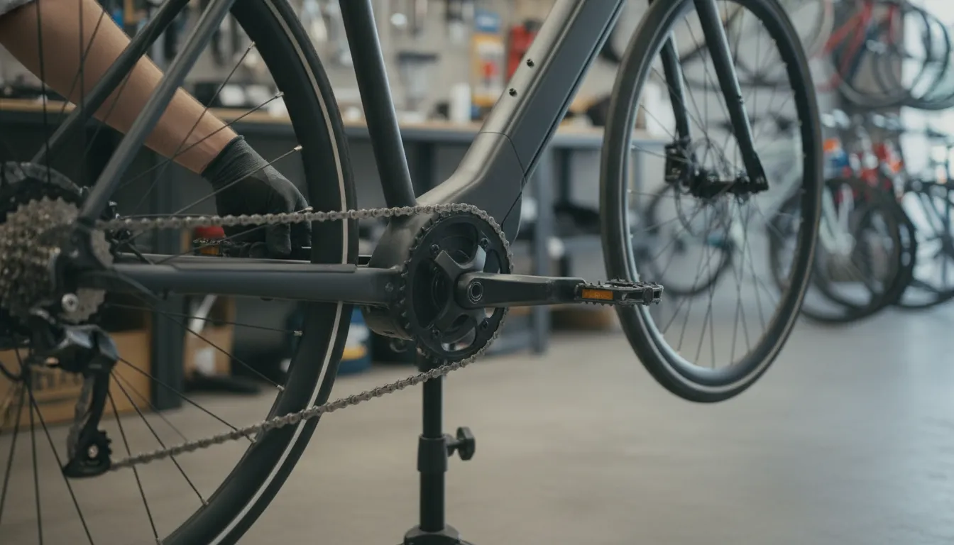 Technician checking the crank area of an electric bike before an e bike torque sensor calibration