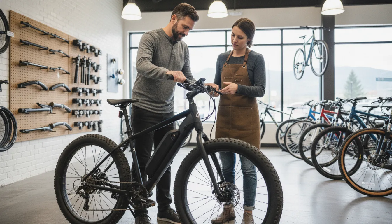 Rider checking electric bike battery and controls in a Bend showroom