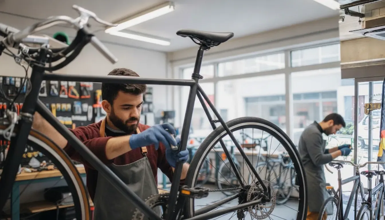Technician inspecting an electric bike charging port and battery connections
