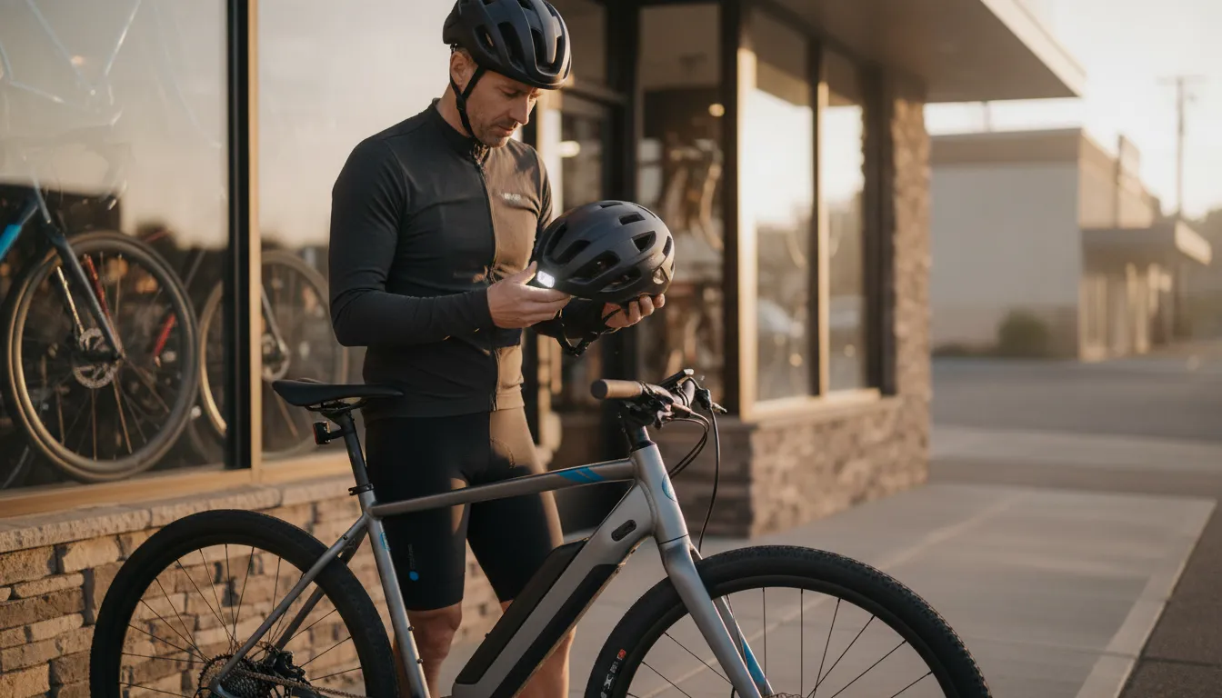 Electric bike rider checking helmet and light near Bend Oregon