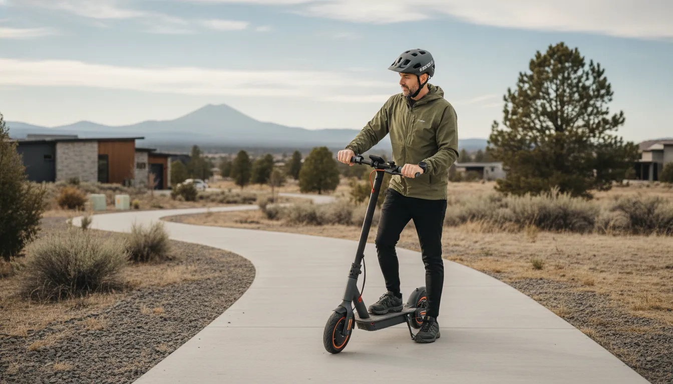 Rider evaluating a Segway Ninebot electric scooter on a Central Oregon path