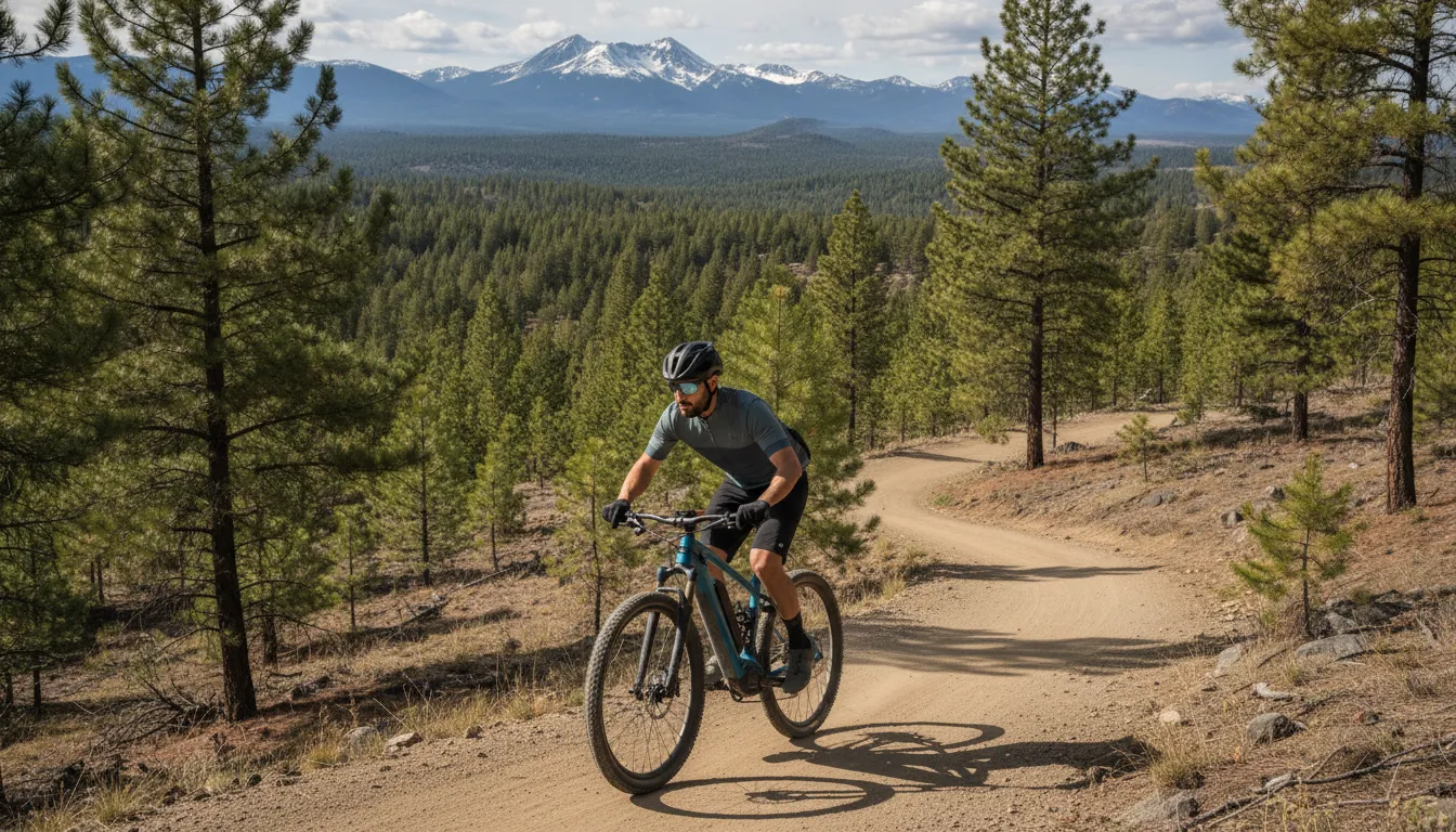 Rider climbing a Central Oregon trail on a torque-sensing electric bike