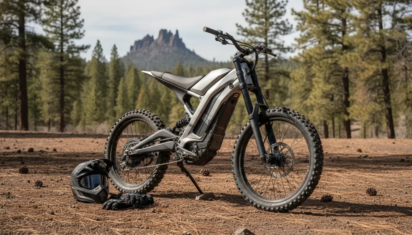 Electric dirt bike similar to the Segway Dirt Ebike X260 parked near a Central Oregon trailhead