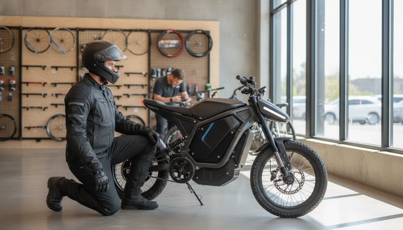Rider evaluating an electric motorcycle-style vehicle in Bend Oregon