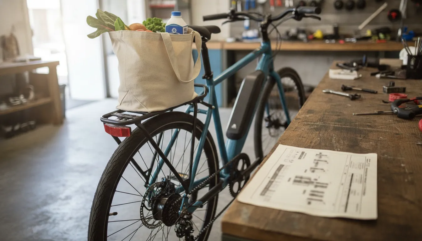 Electric bike payload capacity labels on a rear rack and spec sheet