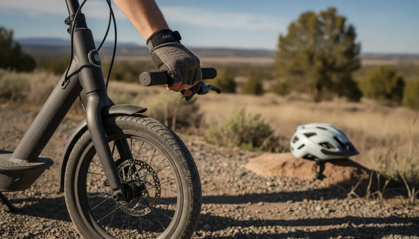 Rider checking an electric scooter tire and brake lever before a test ride