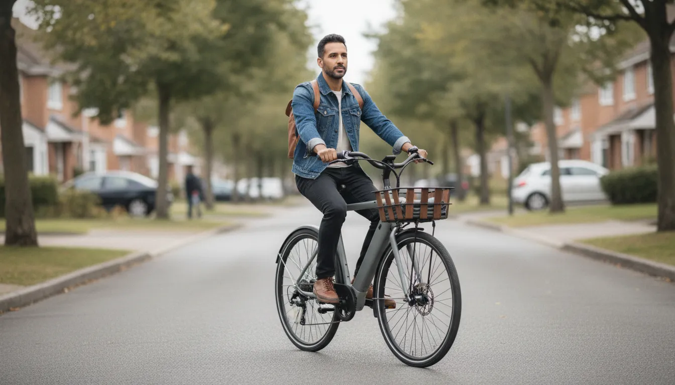 Rider seated upright on an electric commuter bike on a quiet neighborhood street