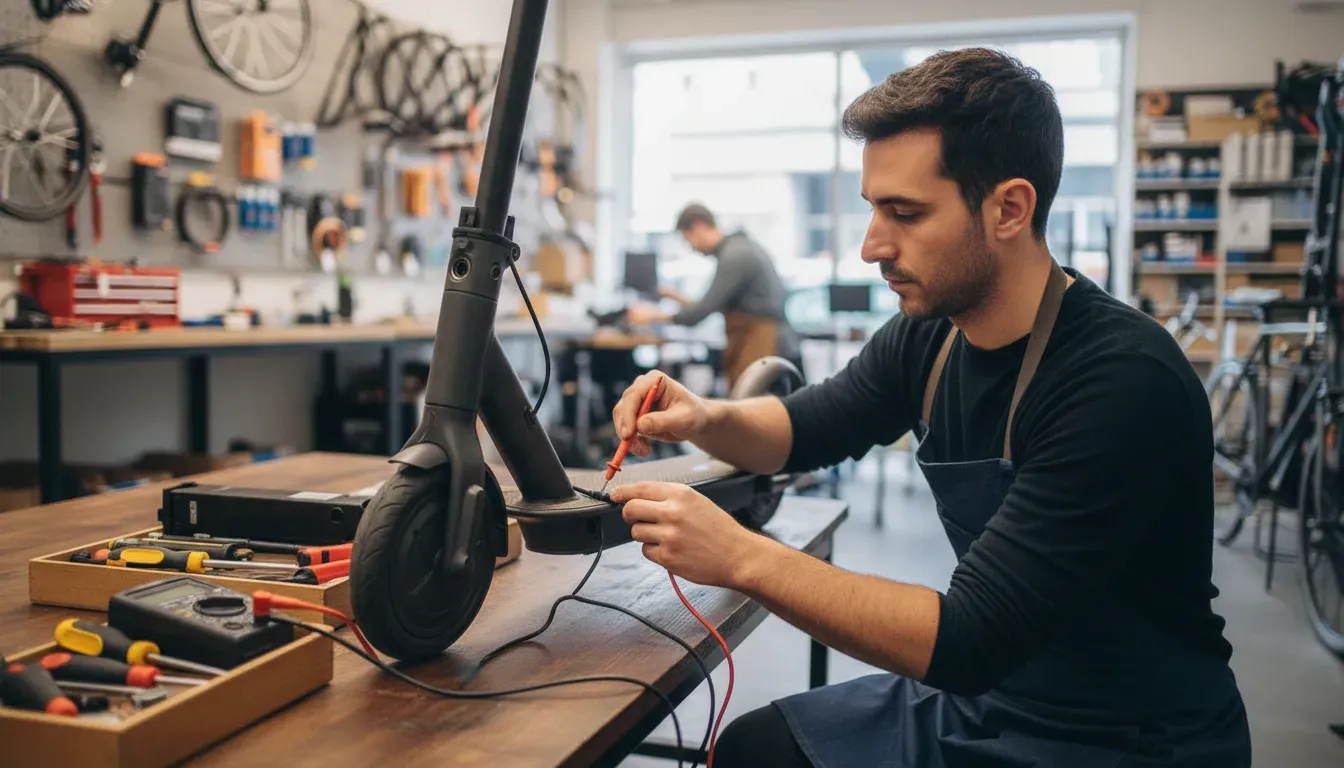Technician testing an electric scooter battery connection before replacement