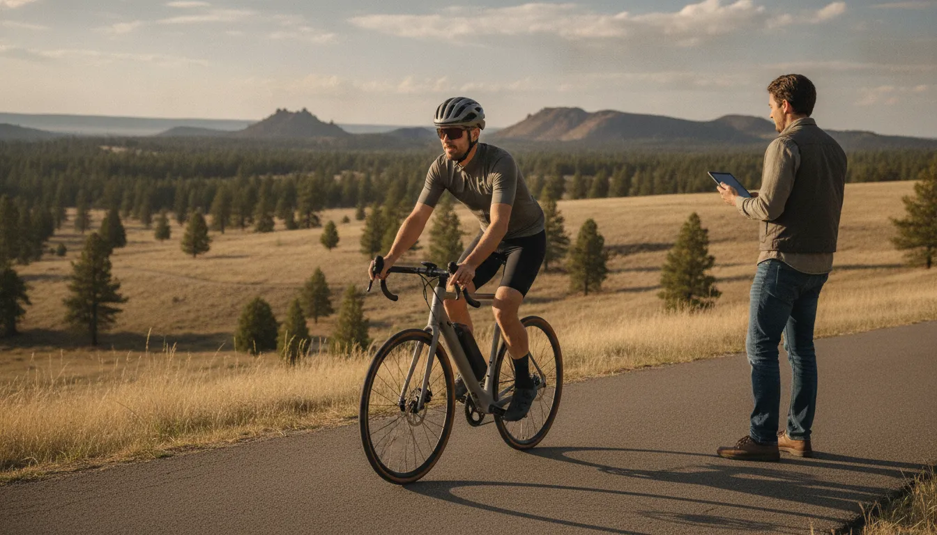 Rider testing a torque-sensing electric bike on a Central Oregon hill