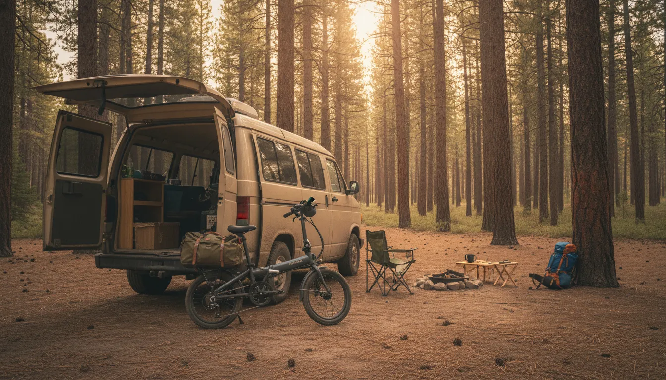 Folding van life electric bike leaning against an open camper van rear door with a travel bag on the rack