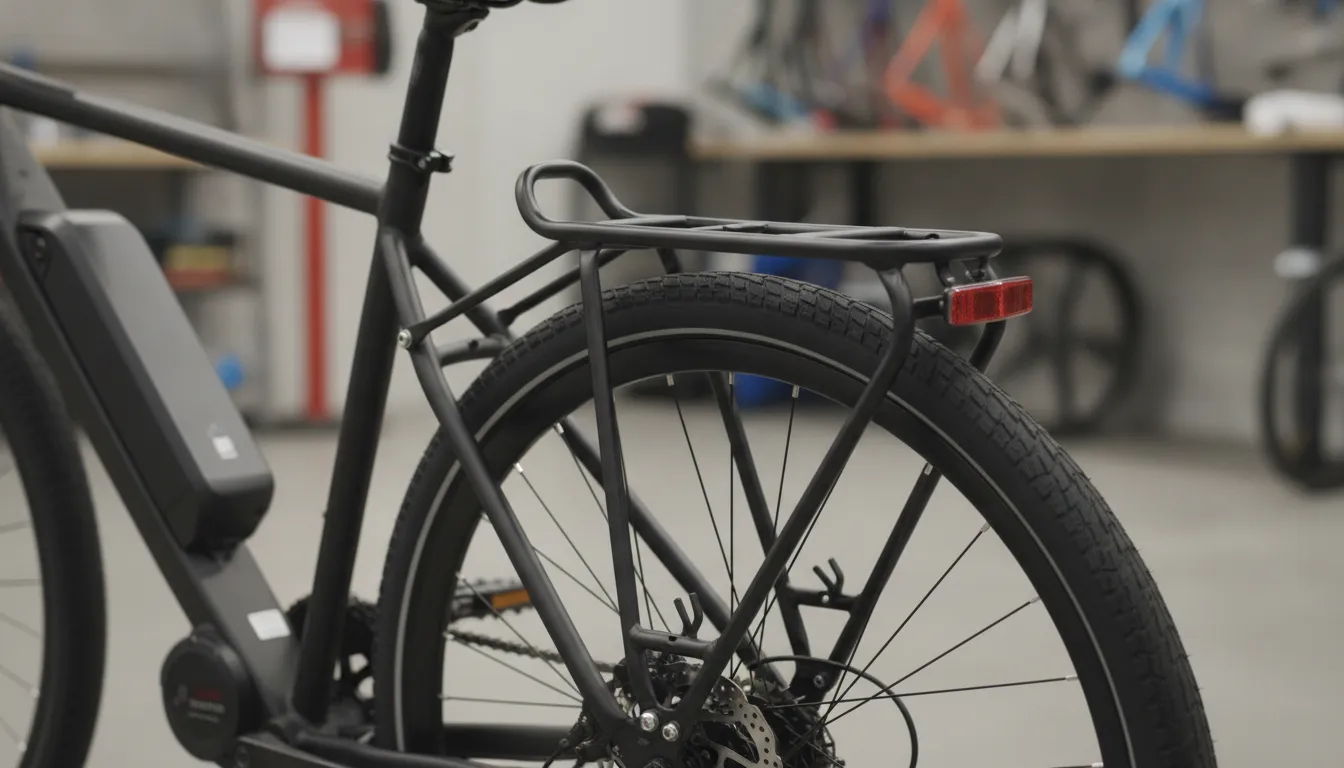 Electric bike rear rack fit check around the battery, brake, and rear tire