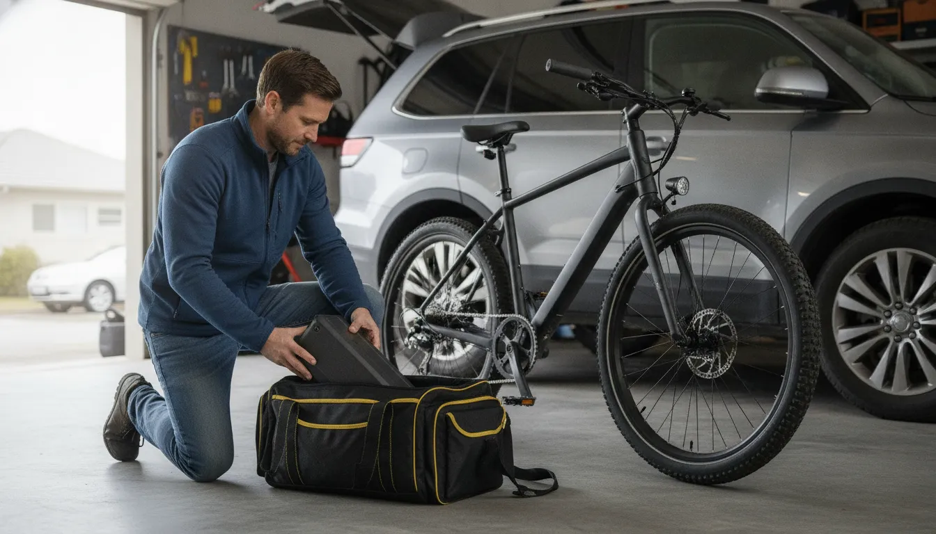 Rider preparing an electric bike battery and frame for careful transport