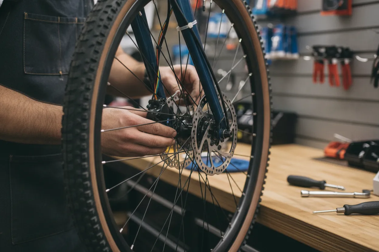 Technician checking electric bike brakes, wiring, and drivetrain during an e bike tune up