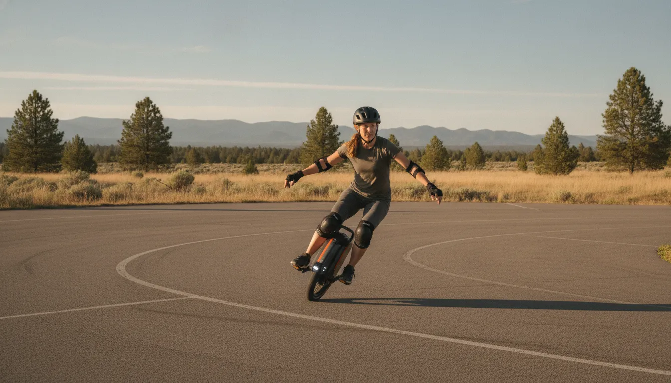 Rider practicing a motorized unicycle with protective gear in Central Oregon