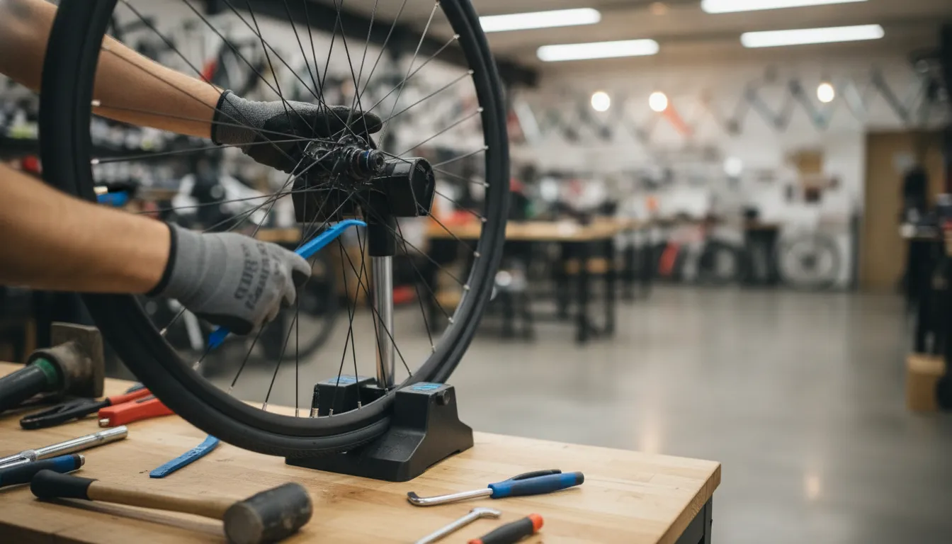 Mechanic fitting a replacement tire onto an electric bike wheel