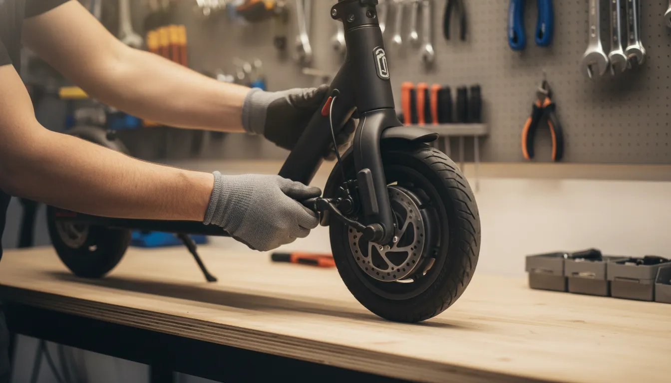 Technician checking an electric scooter brake during Segway scooter repair
