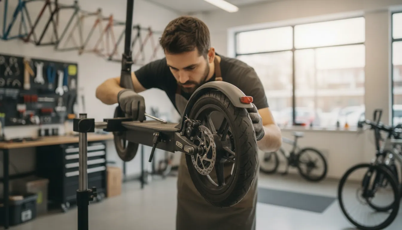 Technician checking an electric scooter tire and brake during routine maintenance