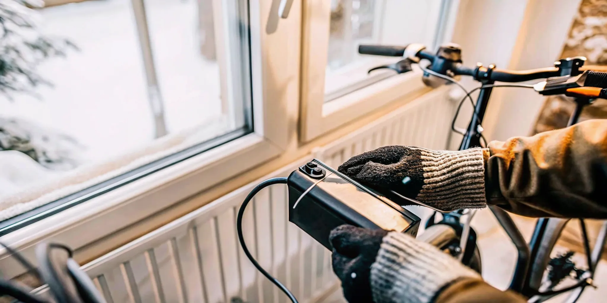 E-bike rider charging a lithium-ion battery indoors at room temperature with snow visible outside in winter