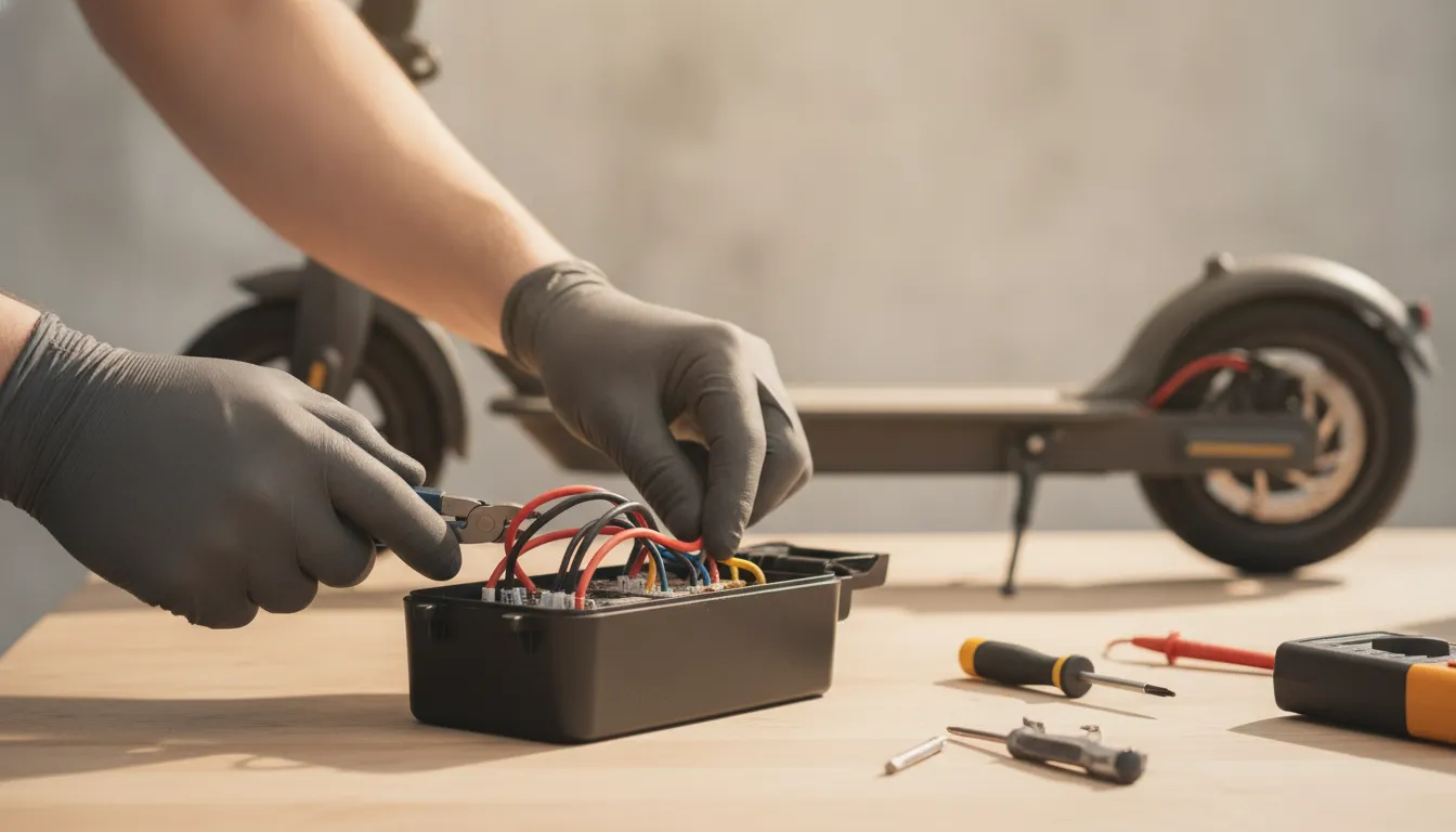 Technician inspecting electric scooter battery wiring