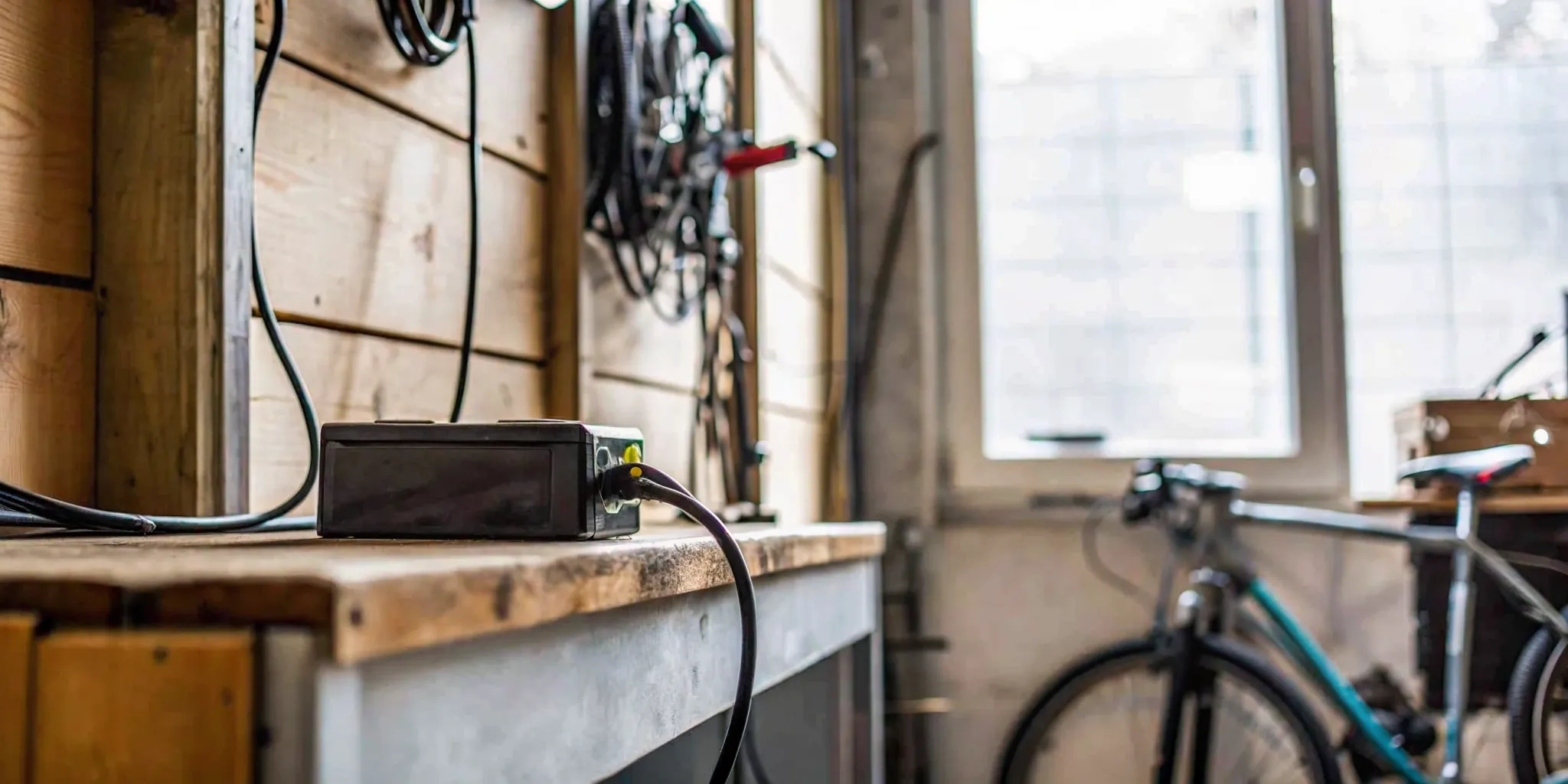 E-bike battery charging on a wooden workbench with the approved charger connected