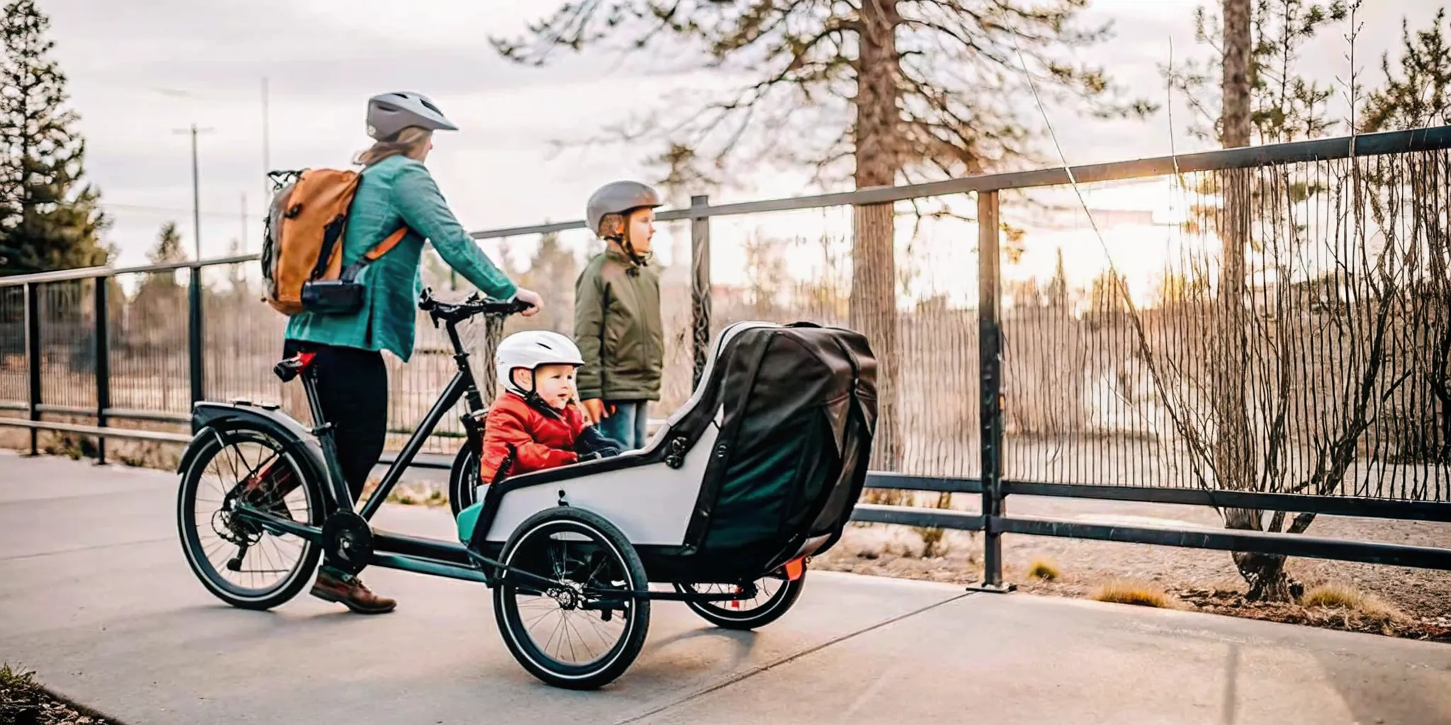 Family electric cargo bike passenger and gear setup on a Central Oregon path