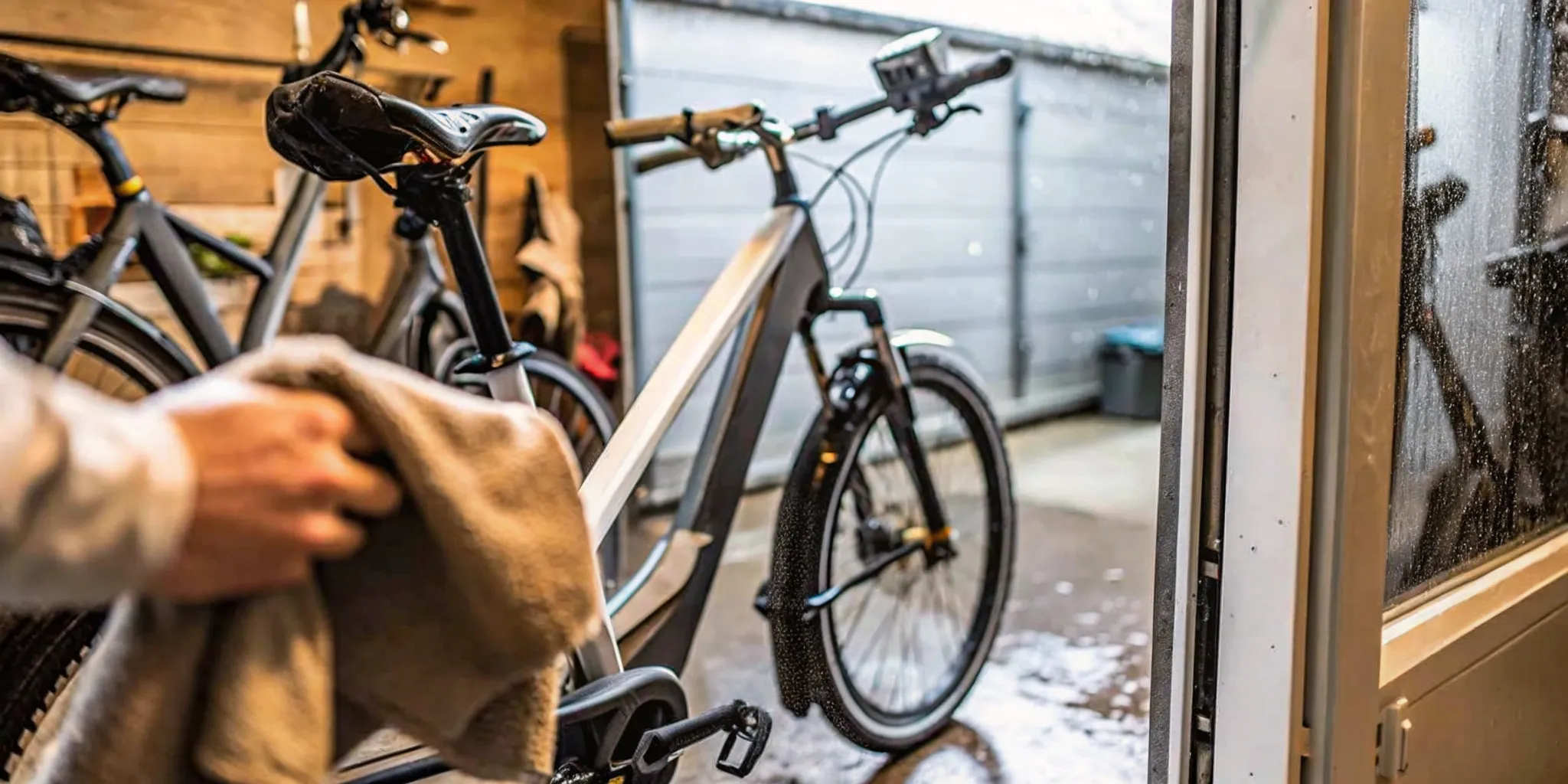 Person cleaning an electric bicycle with a soft cloth after riding in rain in a garage workshop setting