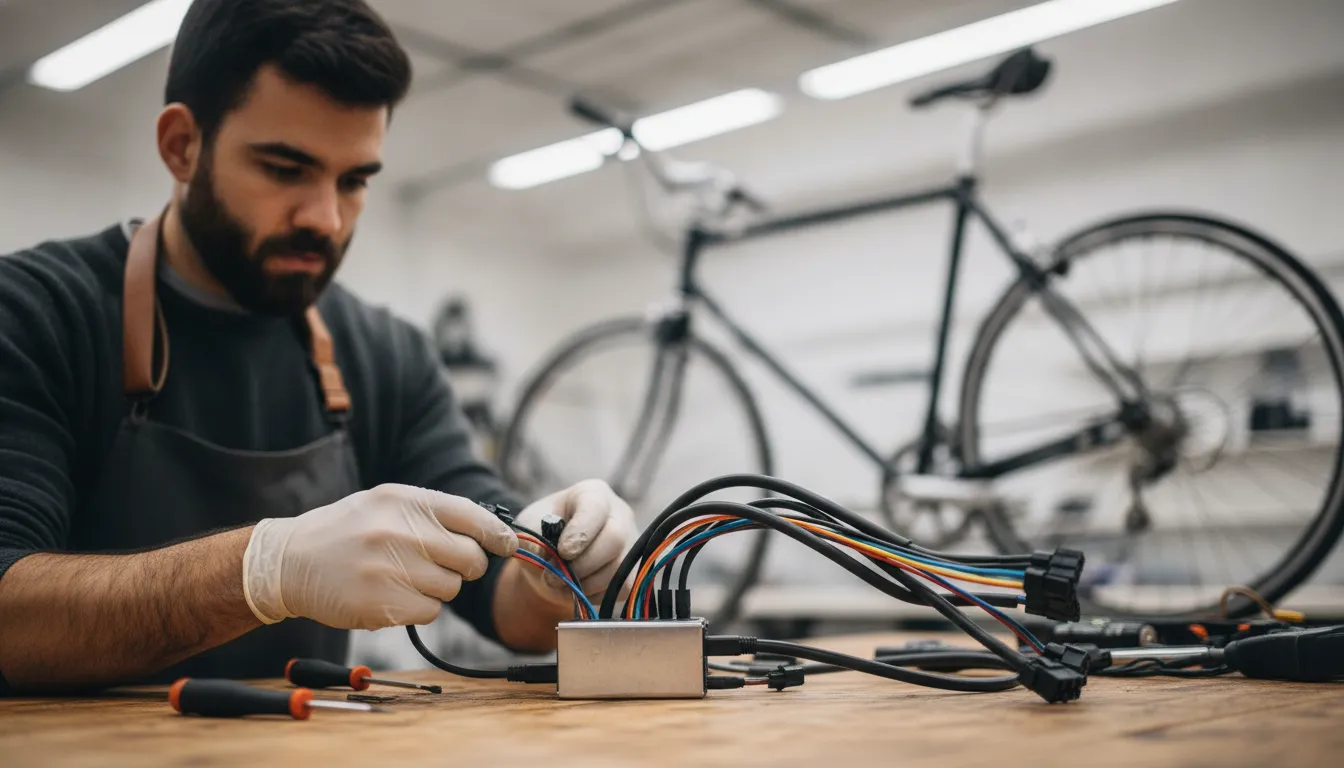 Technician inspecting unplugged electric bike controller wiring