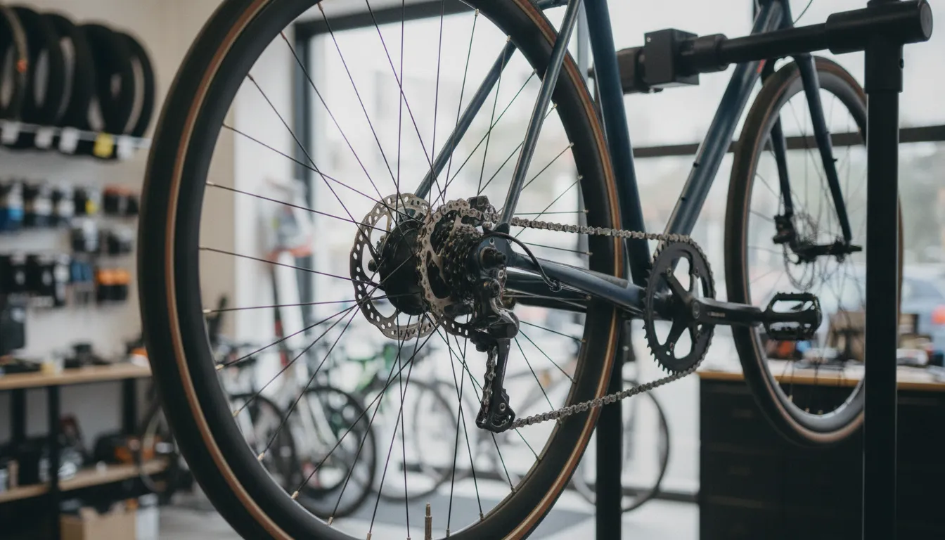 Electric bike rear wheel, chain, and disc brake on a repair stand