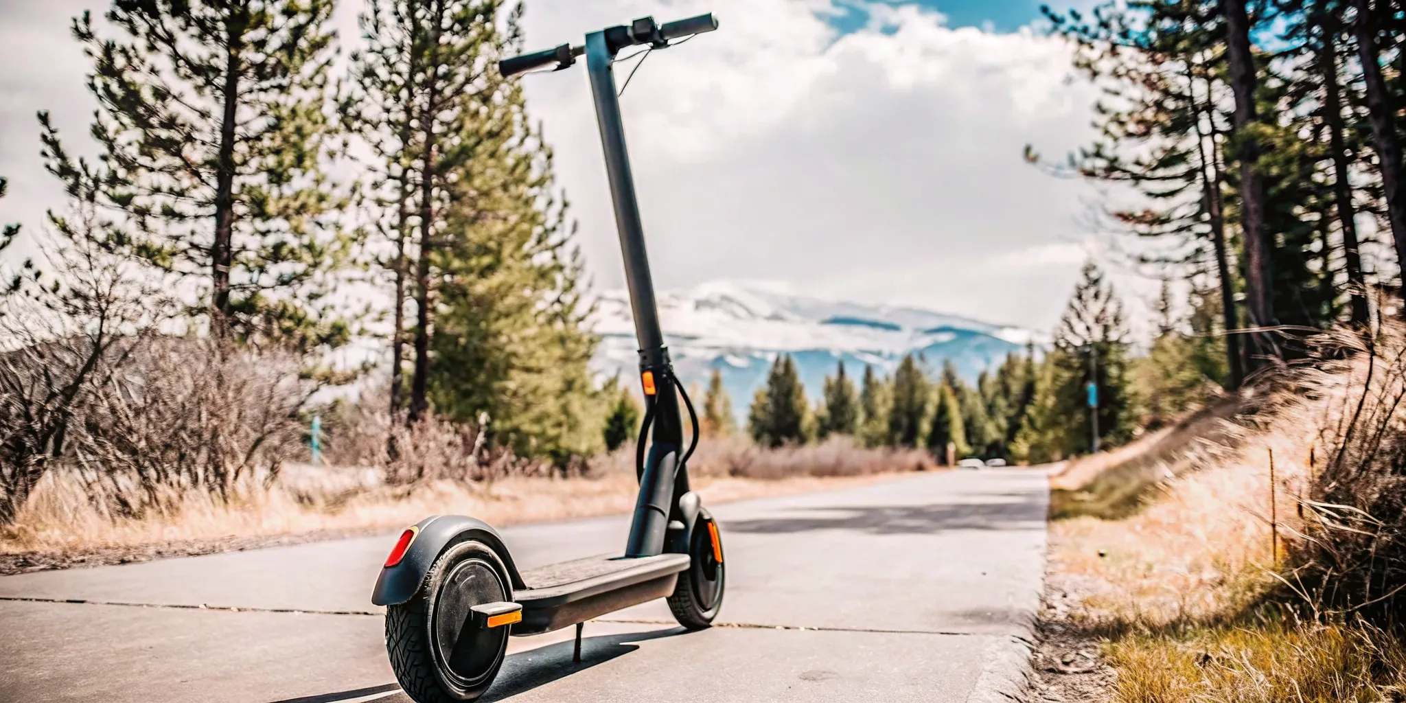 Segway E3 Pro electric scooter riding on a paved trail in Bend Oregon with dual suspension providing a smooth commute