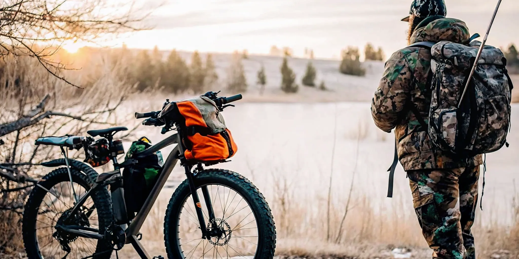 Hunter in camouflage standing next to a fat-tire electric bike loaded with camping gear and hunting pack in Central Oregon sagebrush