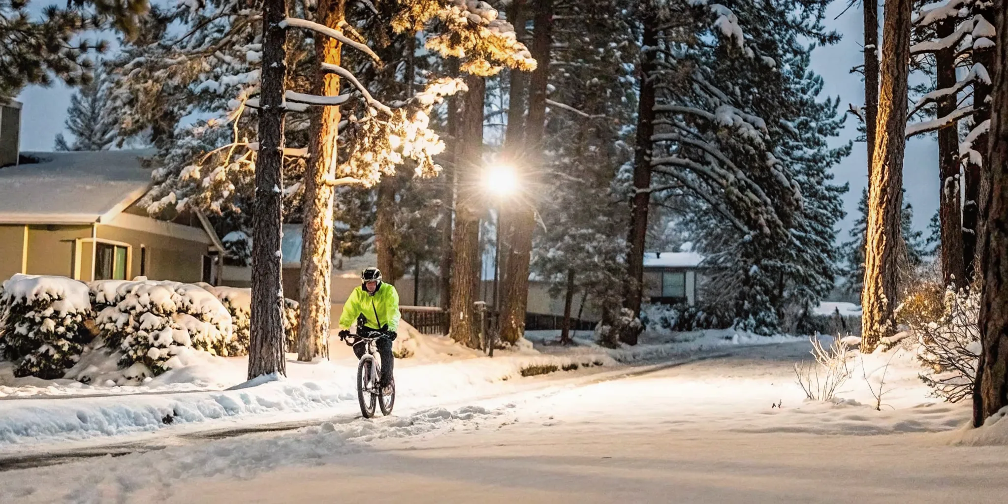 Winter e-bike commuter in bright reflective clothing riding through snow on a quiet Central Oregon street at dusk