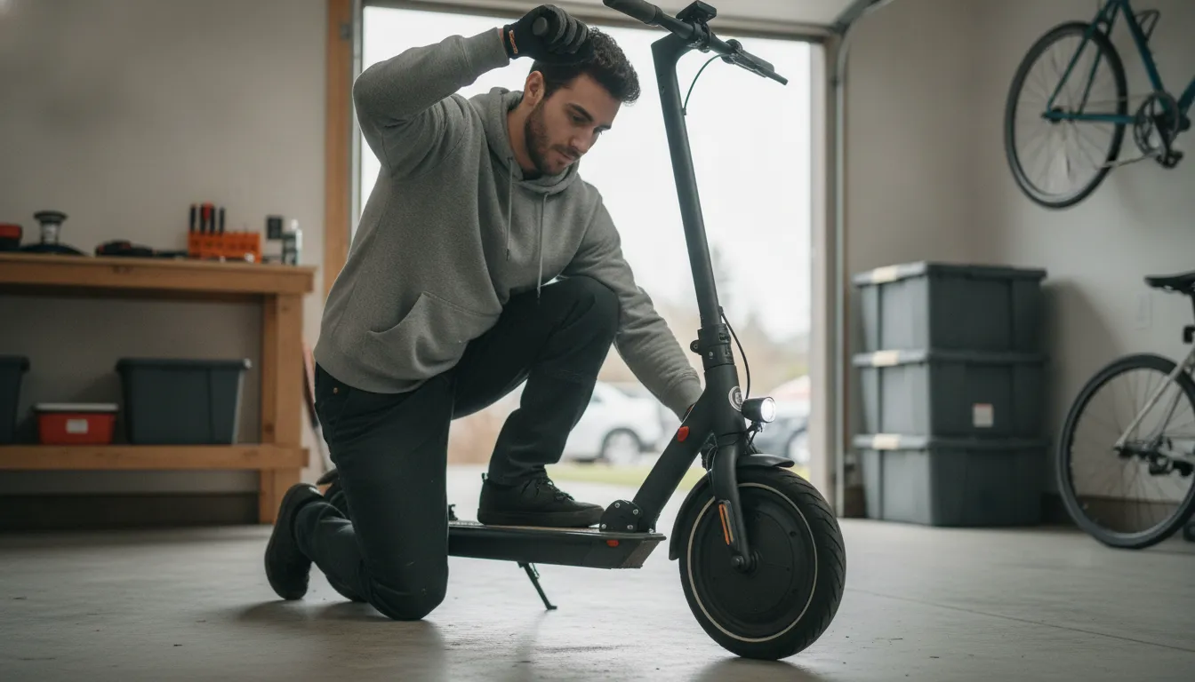 Electric scooter maintenance inspection in a Bend garage