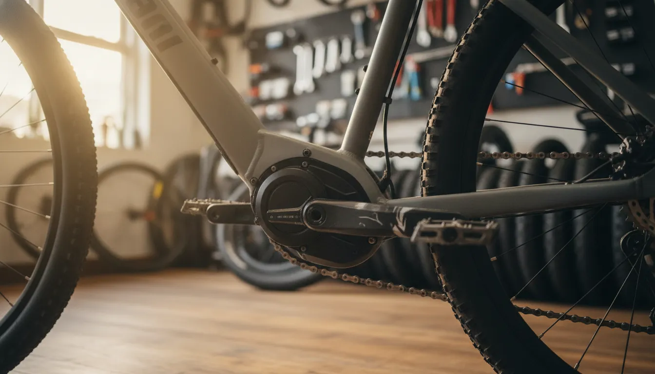 Close-up of a high-power electric bike motor mounted on a mountain bike frame