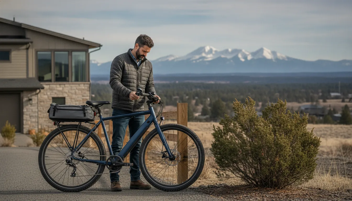 Rear rack and cargo setup on a commuter e-bike for Central Oregon travel