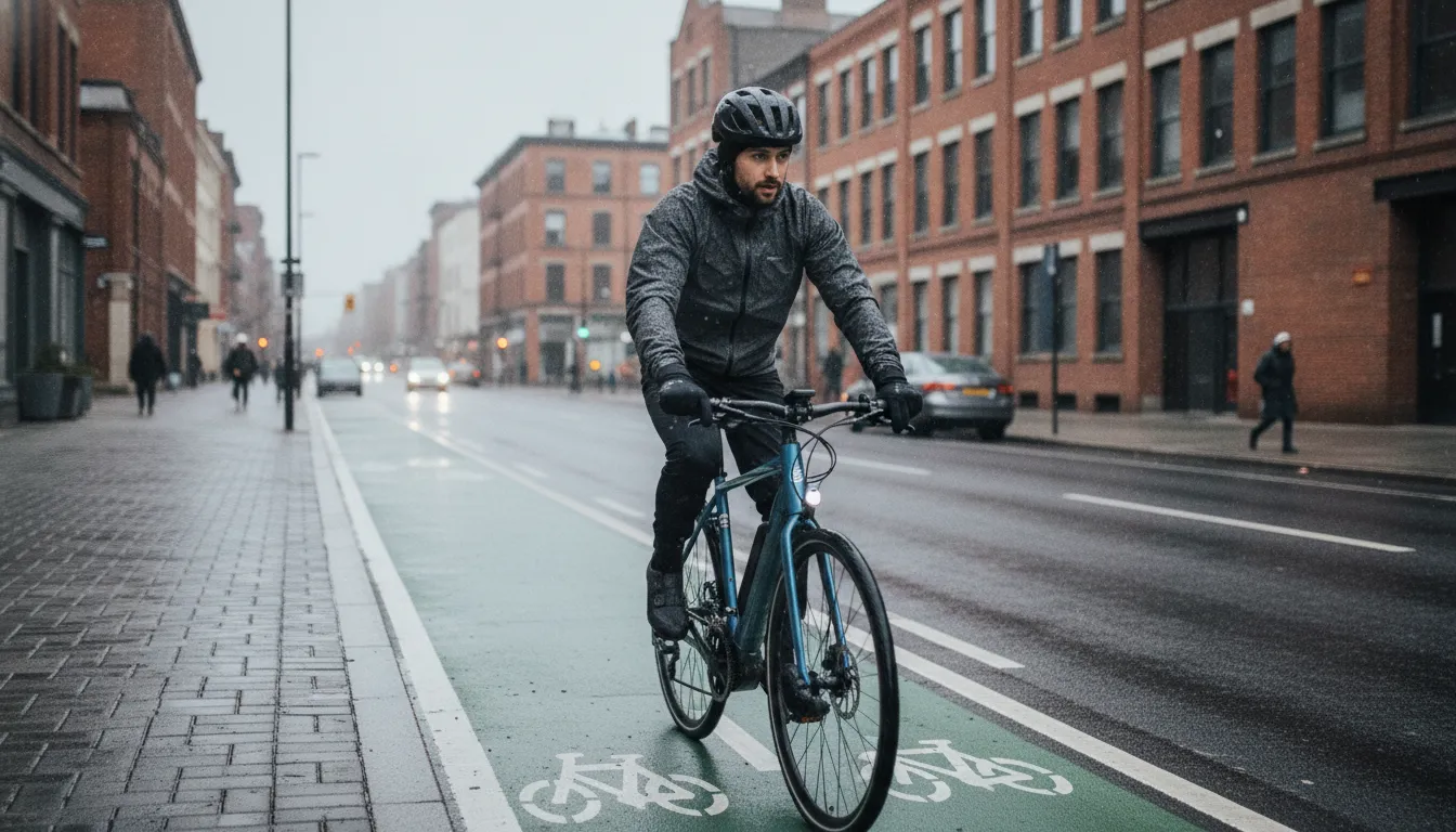 commuter riding a torque-sensing electric bike in light rain wearing a waterproof jacket and helmet