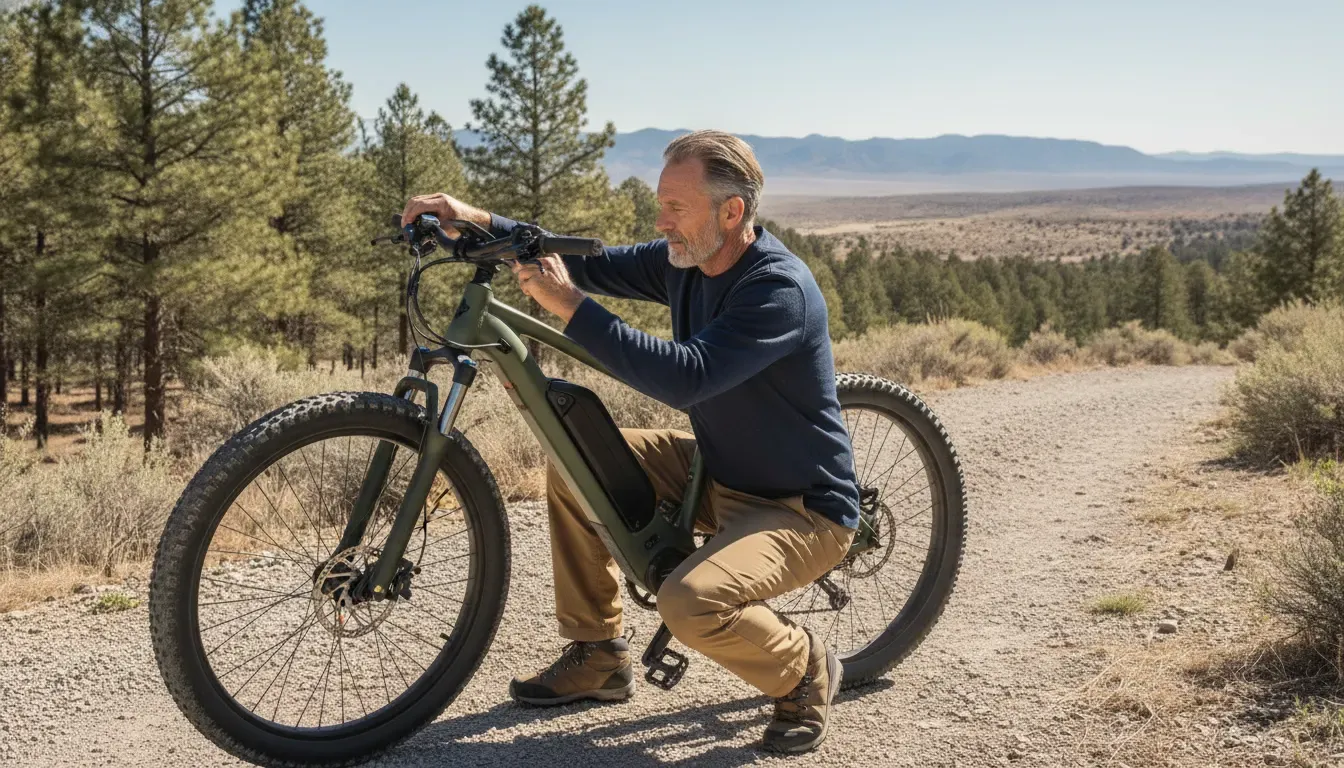 Rider checking an electric bike battery and controls on a Central Oregon gravel trail