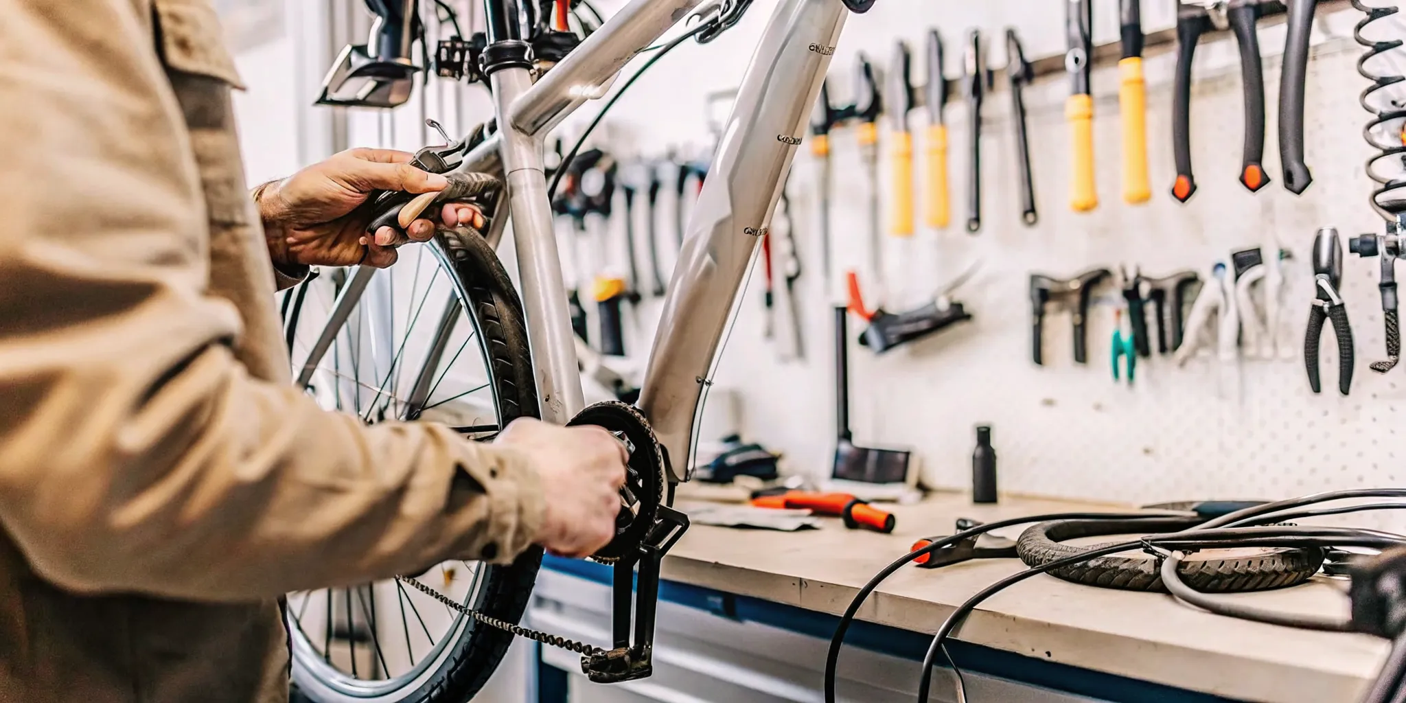 Technician completing an ebike repair inspection in a clean service workshop