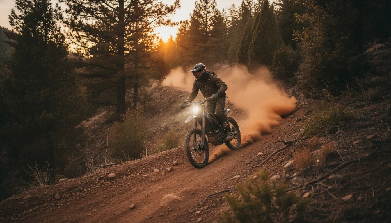 Rider on a high-power electric dirt bike climbing a steep Central Oregon trail at dusk