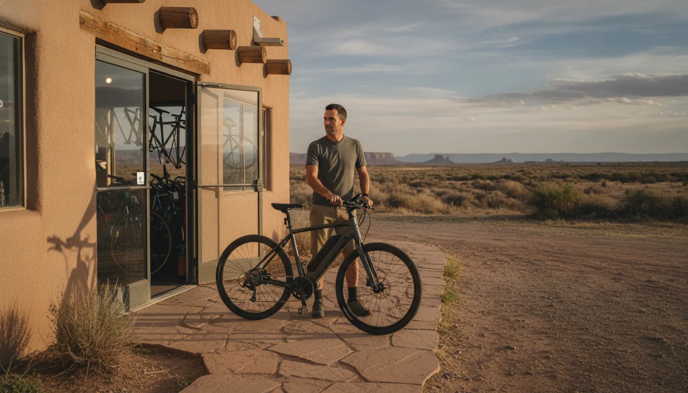 Rider standing with an electric bike outside a small-town bicycle shop