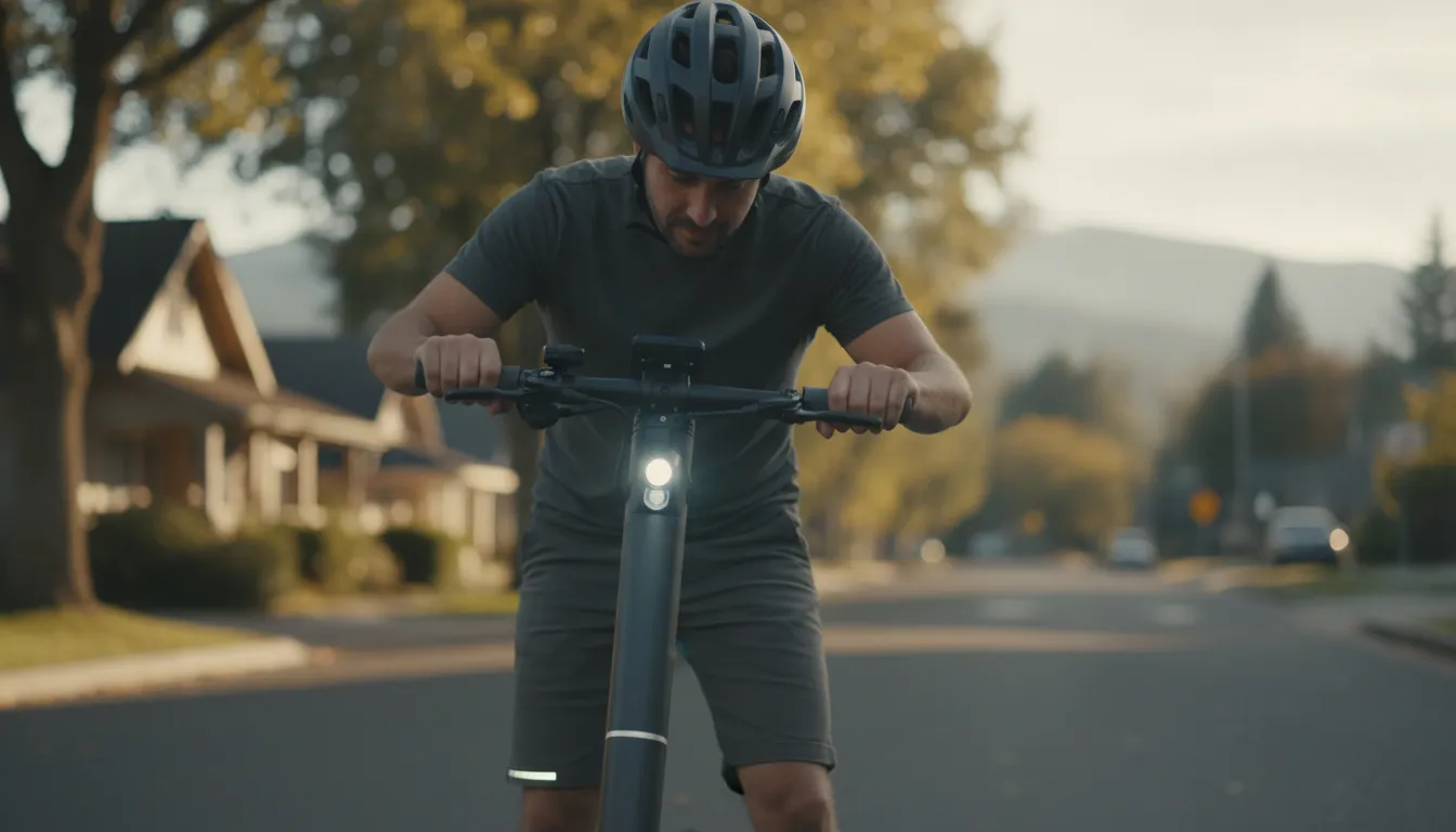 Helmeted rider checking electric scooter safety equipment in Oregon