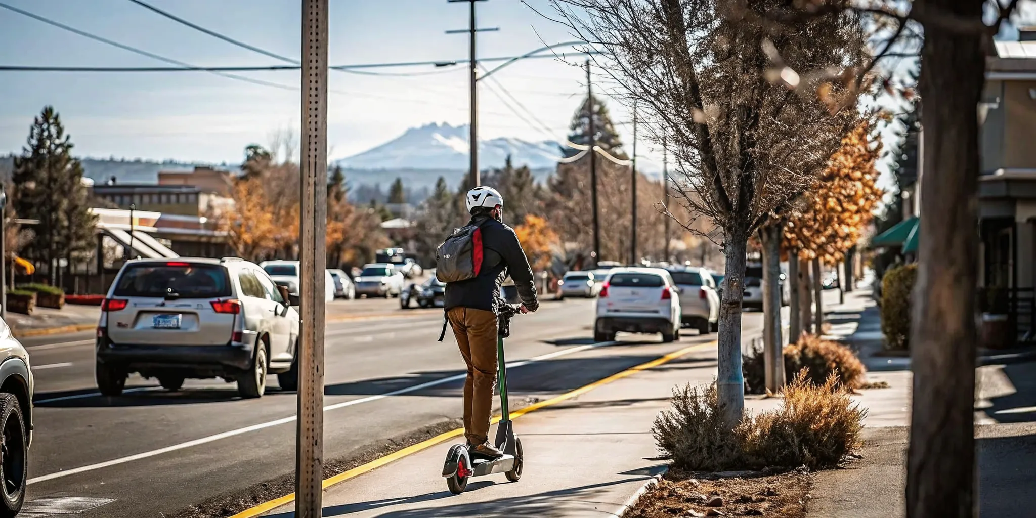 Electric scooter commuter riding on a Bend Oregon street with Cascade mountains in the background