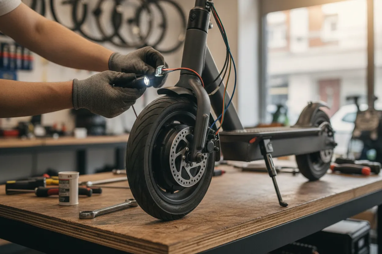 Technician checking an electric scooter wheel and brake components