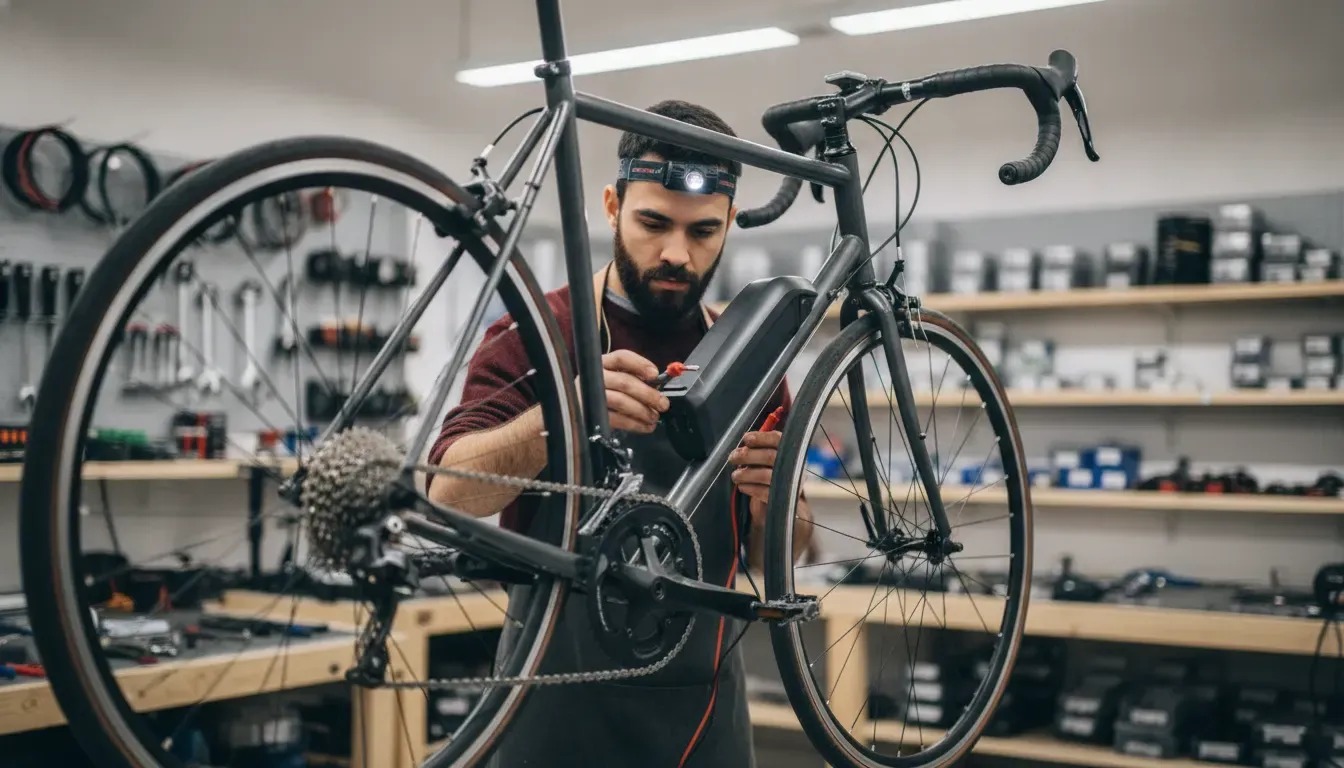 Technician inspecting an electric bike drivetrain, brakes, and battery area in a repair workshop